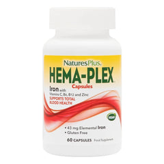 NaturesPlus Hema-Plex Iron 60 capsules bottle with 85 mg chelated iron