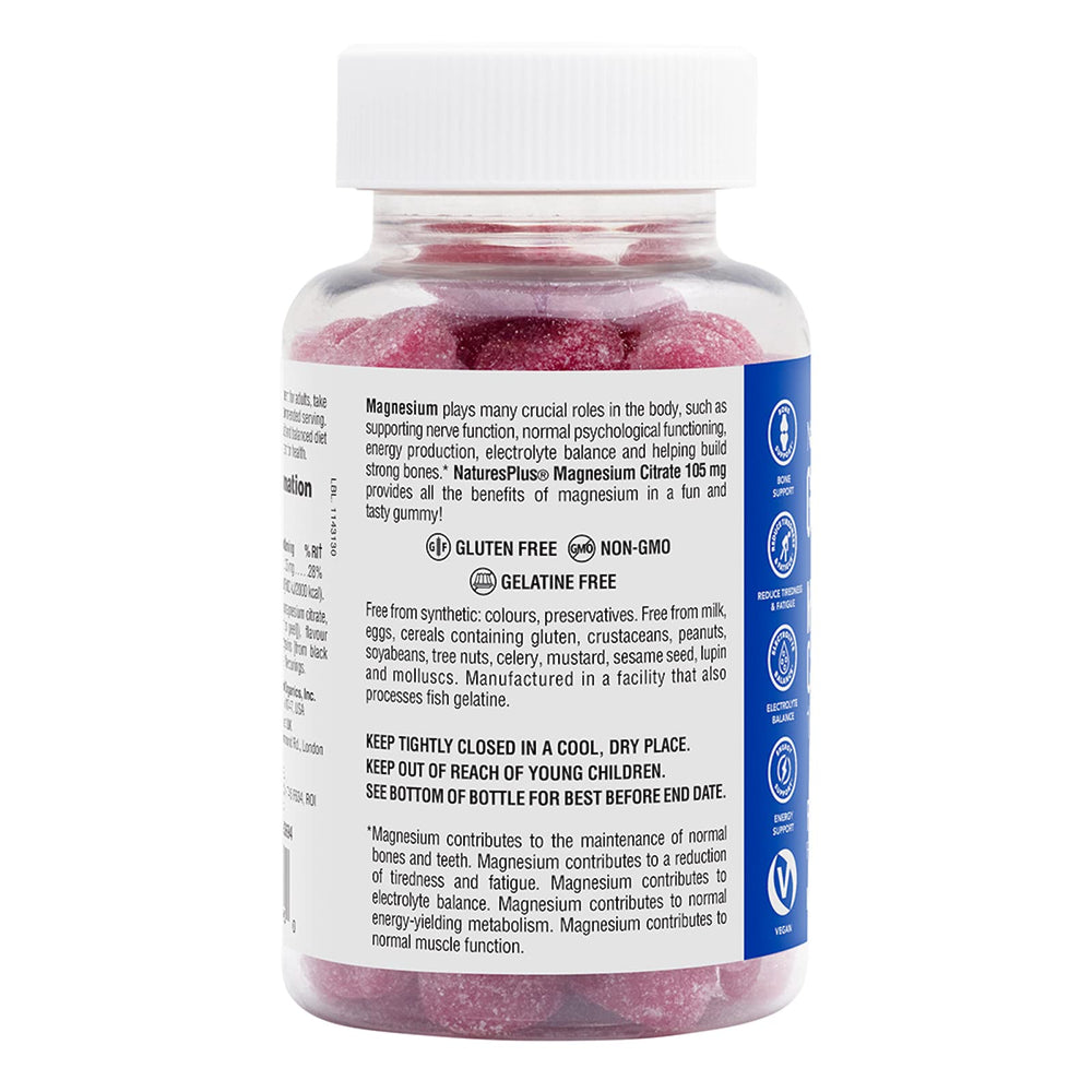 Serving size and dosage information for NaturesPlus Magnesium Citrate Gummies Raspberry