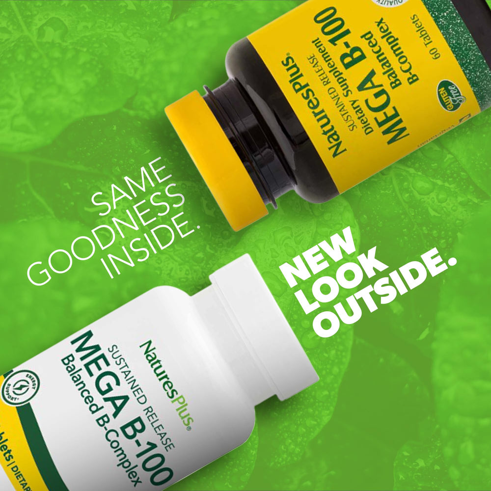 NaturesPlus Mega B-100 Complex bottle back with supplement facts