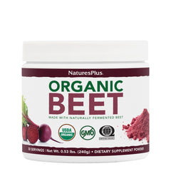 NaturesPlus Organic Beet Powder jar close-up shows vibrant color and energy support.