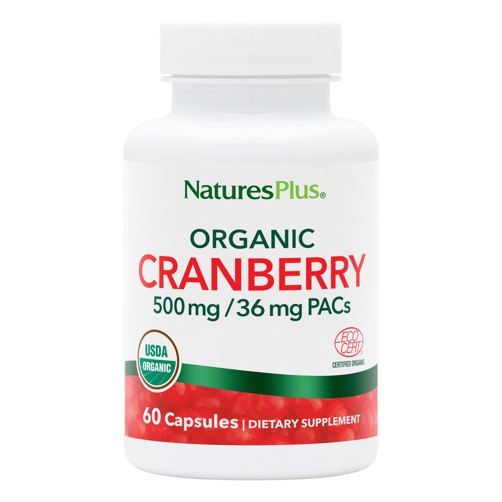 Front view of NaturesPlus Organic Cranberry bottle, 500 mg capsules