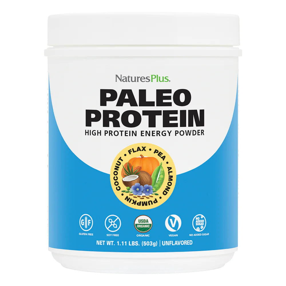 Nature's Plus Organic Paleo Protein bottle for easy vegan protein boost in smoothies