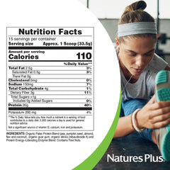 Nature's Plus Organic Paleo Protein scoop shows 20 g protein per serving for energy