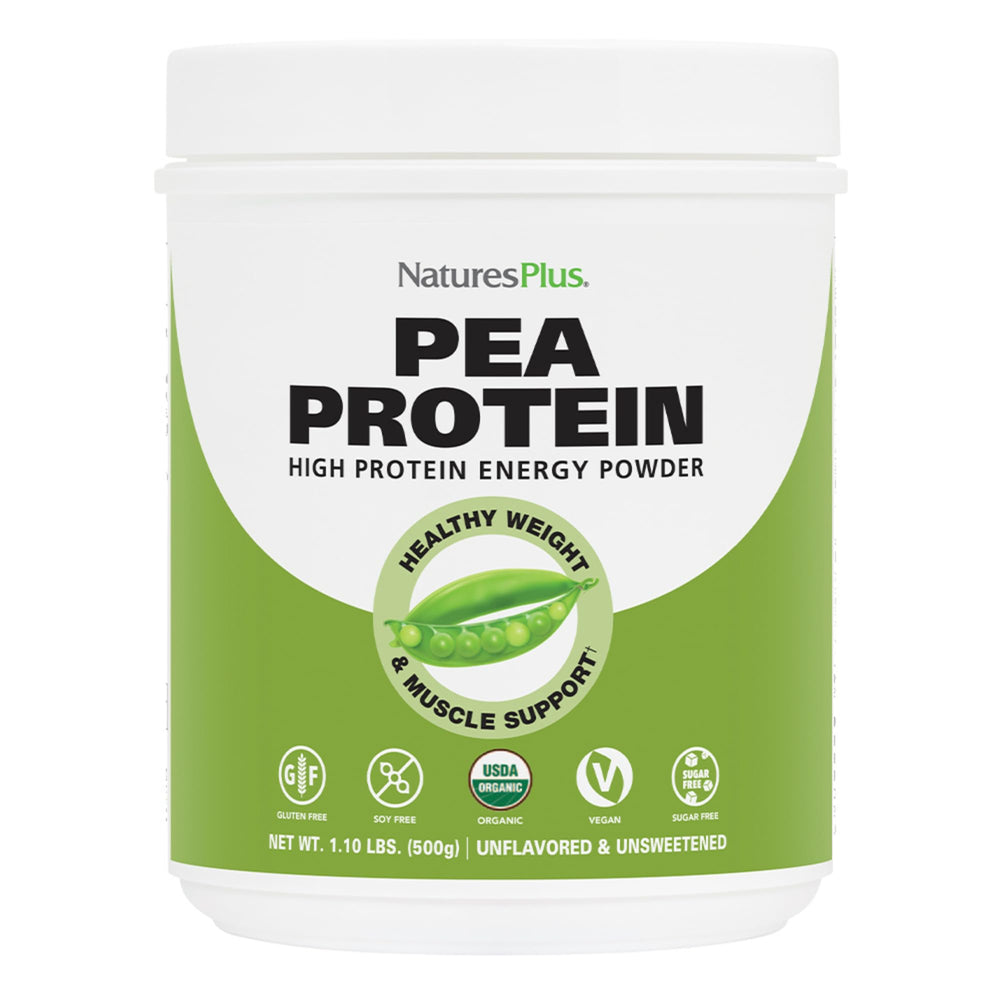 NaturesPlus Organic Pea Protein bottle shows premium vegan protein for steady energy
