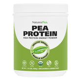NaturesPlus Organic Pea Protein bottle shows premium vegan protein for steady energy