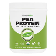 NaturesPlus Organic Pea Protein bottle shows premium vegan protein for steady energy