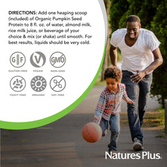 NaturesPlus Organic Pumpkin Seed Protein bag with visible nutrition facts for transparent sourcing.