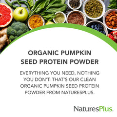 NaturesPlus Organic Pumpkin Seed Protein shake glass highlighting unsweetened versatile protein.