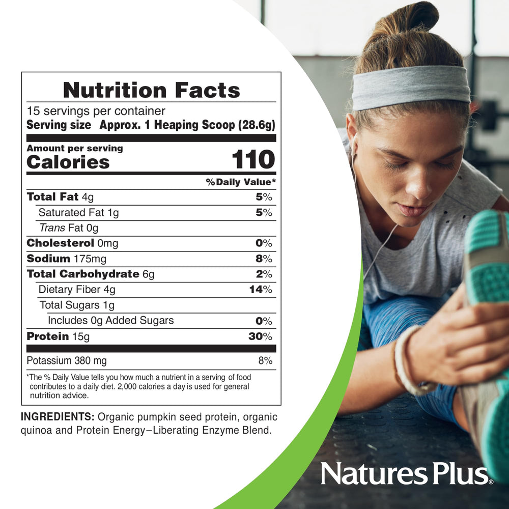 NaturesPlus Organic Pumpkin Seed Protein tub on shelf signaling plant-based nutrition.