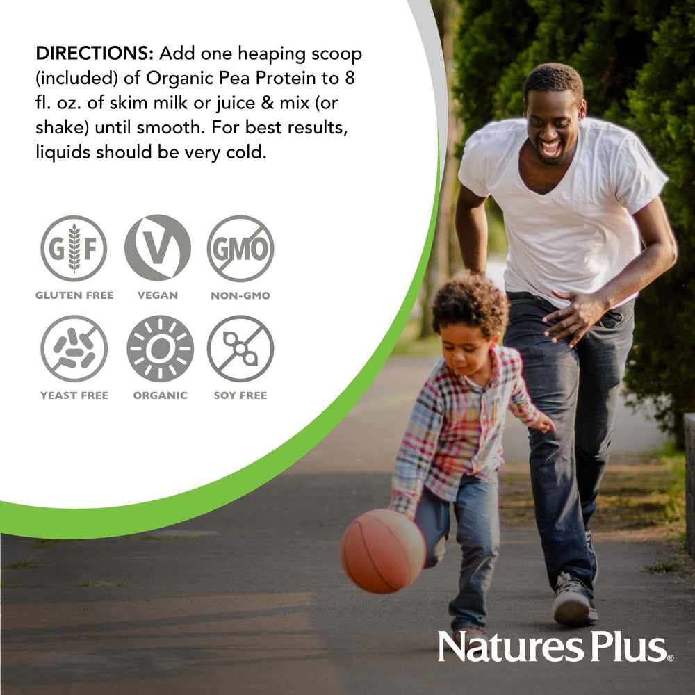NaturesPlus Organic Pea Protein gluten-free badge highlights allergy-friendly option