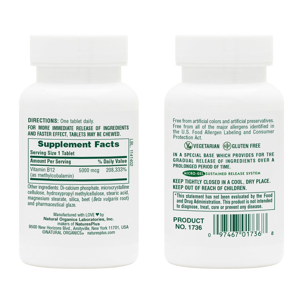 Back label of the 60-serving NaturesPlus Shot-O-B12 pack