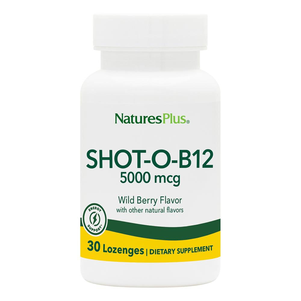 Front view of NaturesPlus Shot-O-B12 Lozenges Wild Berry 5000 mcg bottle