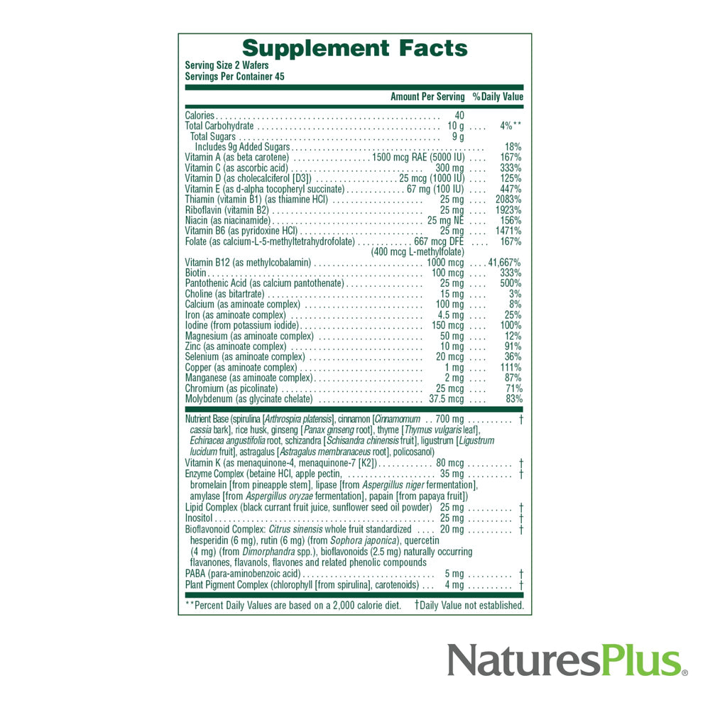 Gluten-free and vegetarian label on Nature's Plus Source of Life Adult’s Chewable bottle