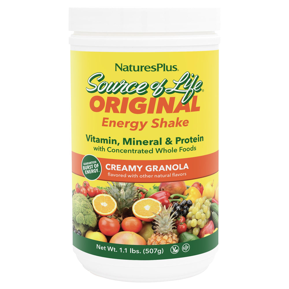 NaturesPlus Source of Life Energy Shake Creamy Granola tub emphasizes 13g protein per serving.