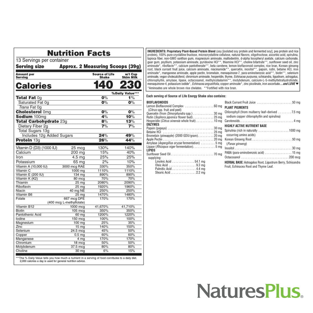 NaturesPlus Source of Life Energy Shake shown with a creamy, nourishing shake.