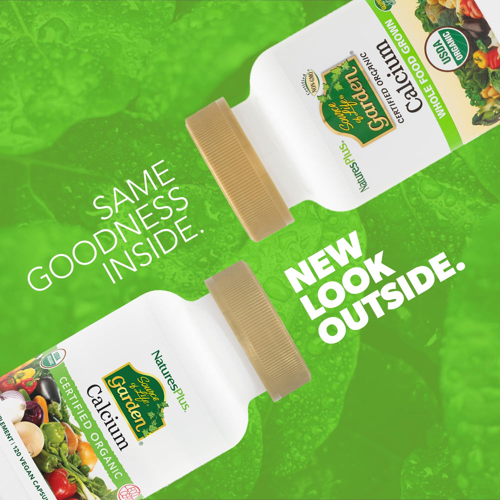NaturesPlus Source of Life Garden Calcium bottle close-up with organic and vegan labeling