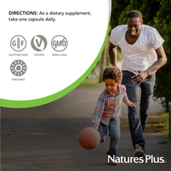 Nutrition facts and ingredient overview for organic iron supplement