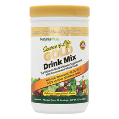 Front view of NaturesPlus Source of Life Gold Drink Mix Tropical Fruit flavor bottle