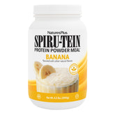 NaturesPlus SPIRU-TEIN Banana label image shows 14 g protein per serving for powering workouts.