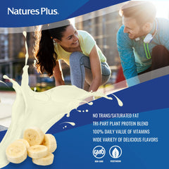 NaturesPlus SPIRU-TEIN banana label showing non-GMO and gluten free features
