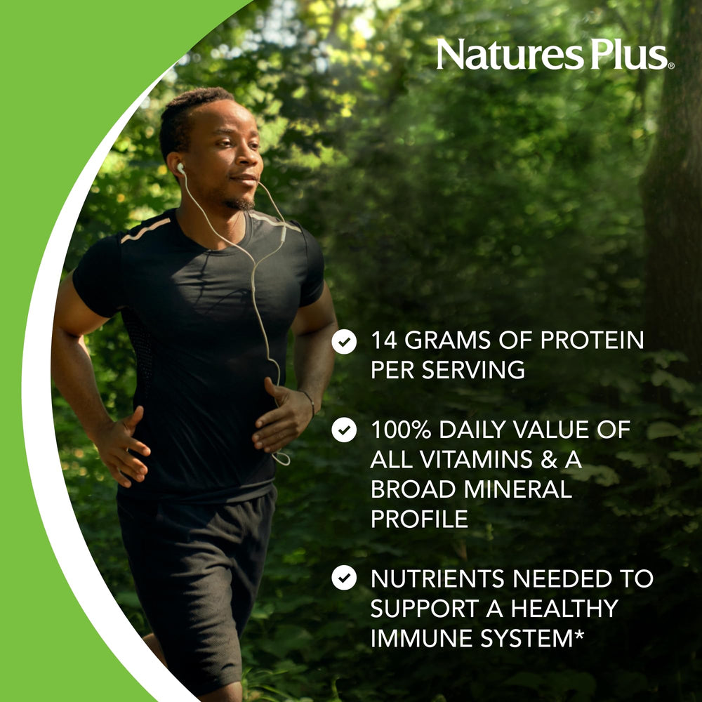 NaturesPlus SPIRU-TEIN Blueberries and Cream nutrition label highlighting vitamins and minerals