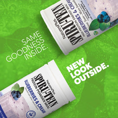 NaturesPlus SPIRU-TEIN Blueberries and Cream powder whisked in a bowl for smooth mix