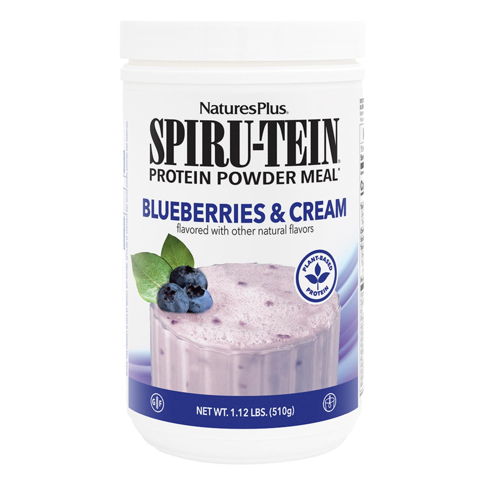 NaturesPlus SPIRU-TEIN Blueberries & Cream tub front showing plant-based protein option and serving size