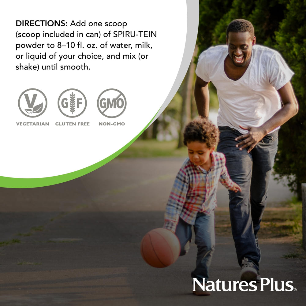 NaturesPlus SPIRU-TEIN label confirms gluten-free, plant-based protein.