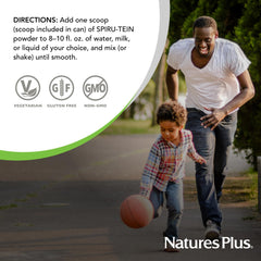 NaturesPlus SPIRU-TEIN label confirms gluten-free, plant-based protein.