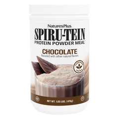 NaturesPlus SPIRU-TEIN chocolate canister for quick plant-based protein on the go