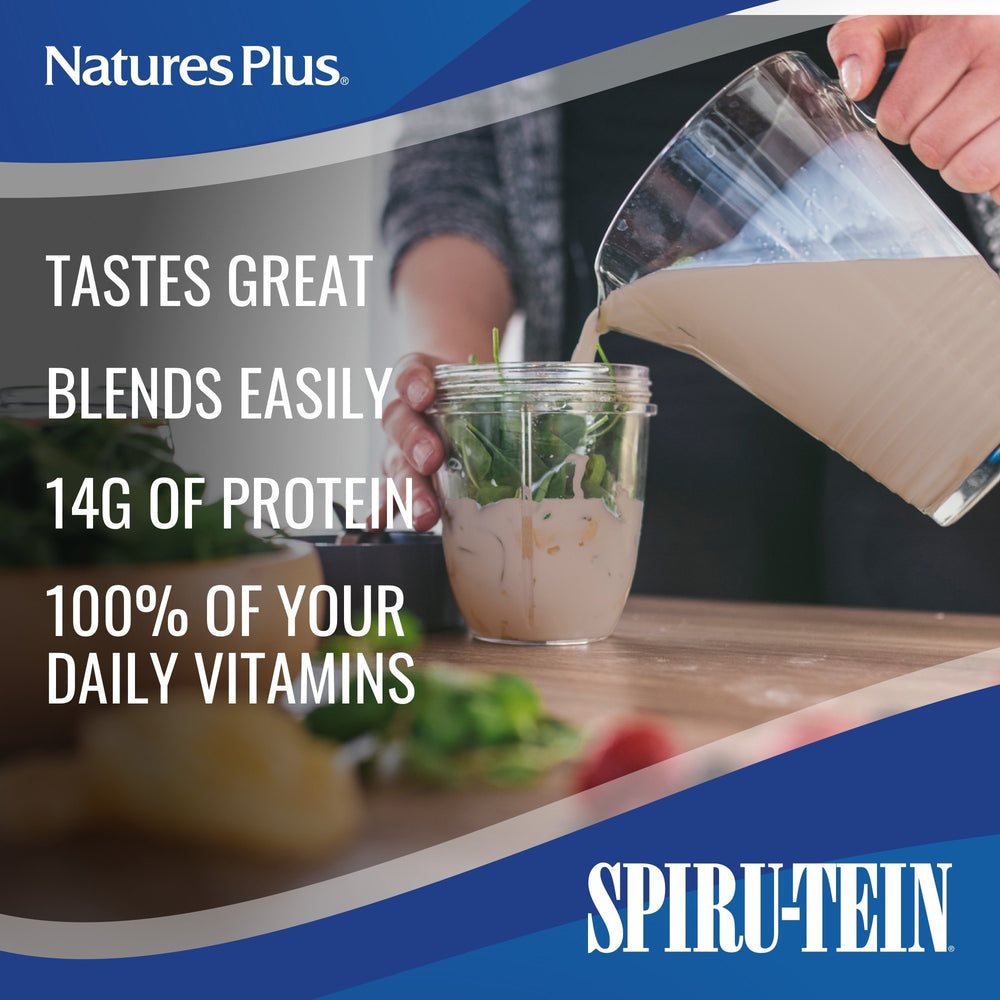 SPIRU-TEIN Chocolate bottle label showing 14 g protein per serving