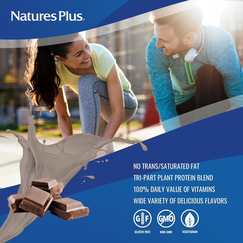 Nature's Plus SPIRU-TEIN Chocolate package highlighting plant-based nutrition and vitamins