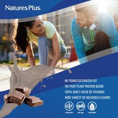 Nature's Plus SPIRU-TEIN Chocolate package highlighting plant-based nutrition and vitamins
