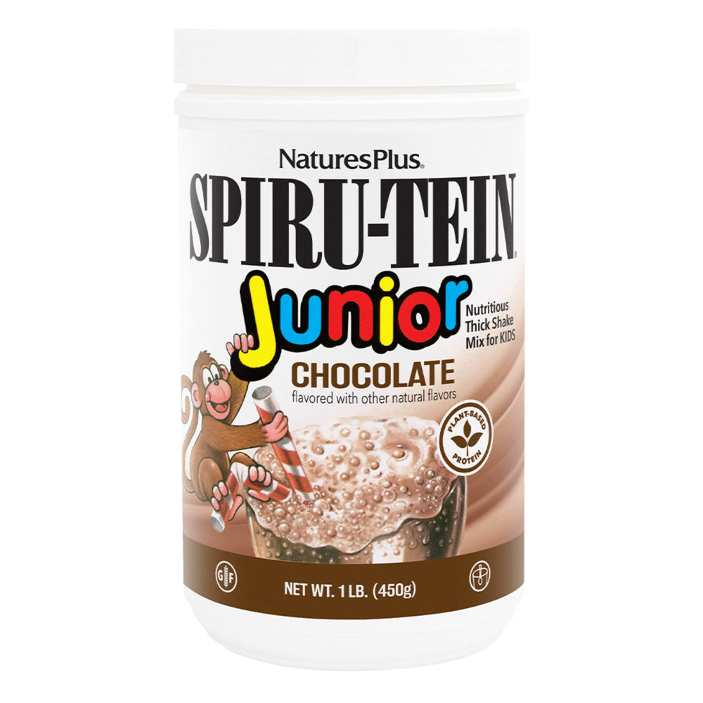 Nature's Plus SPIRU-TEIN Junior Chocolate container highlights kid-friendly daily protein