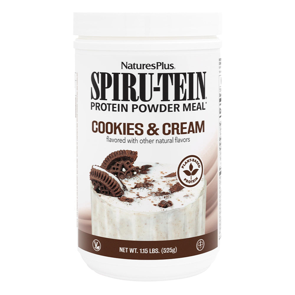 NaturesPlus SPIRU-TEIN Shake Cookies & Cream packaging with product in foreground