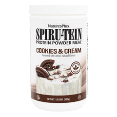 NaturesPlus SPIRU-TEIN Cookies & Cream bottle highlights plant-based protein for energy