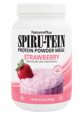 NaturesPlus SPIRU-TEIN Strawberry bottle for plant-based protein on the go