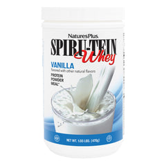 Front view of NaturesPlus SPIRU-TEIN WHEY Shake Vanilla 1.05 lb canister