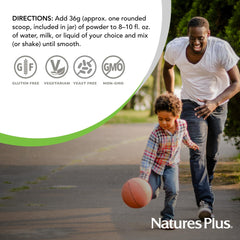 NaturesPlus Spirutein Exotic Red Fruit mixer bottle showing convenient on-the-go nutrition