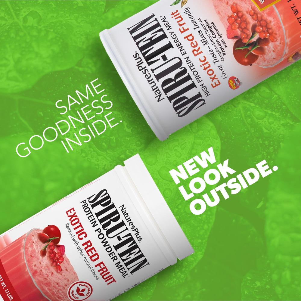 NaturesPlus Spirutein Exotic Red Fruit powder jar illustrating vegetarian protein options