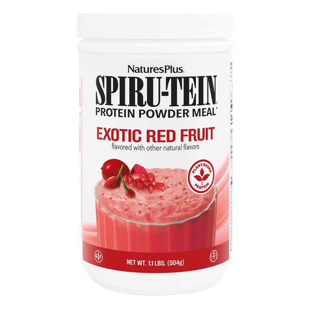 NaturesPlus Spirutein Exotic Red Fruit shake bottle highlighting plant-based protein for energy support