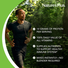 NaturesPlus Spirutein Strawberry shaker shows on-the-go nutrition solution.