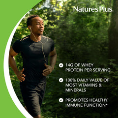NaturesPlus SPIRU-TEIN WHEY Shake Vanilla nutrition label shows gluten free protein