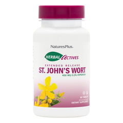 NaturesPlus Herbal Actives St. John’s Wort Extended Release bottle and two-pack packaging (120 total tablets)