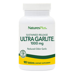 Bottle of NaturesPlus Ultra Garlite 1000 mg odorless garlic tablets