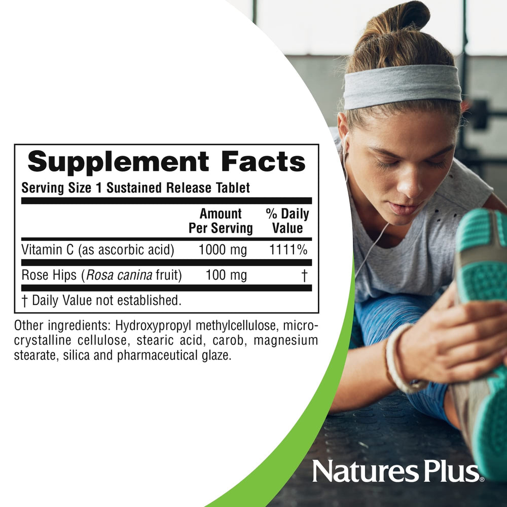 NaturesPlus vitamin C bottle with product details