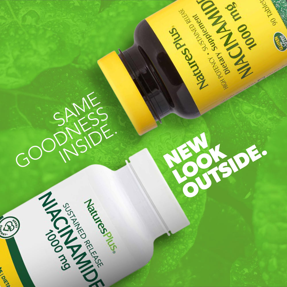 Close-up of product label showing Niacinamide 1000 mg and sustained release