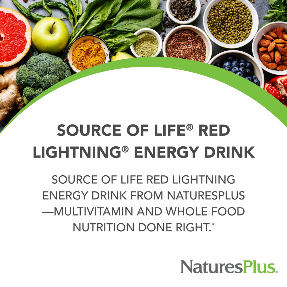 Label for NaturesPlus Source of Life Red Lightning Energy Drink Powder, Mixed Berry
