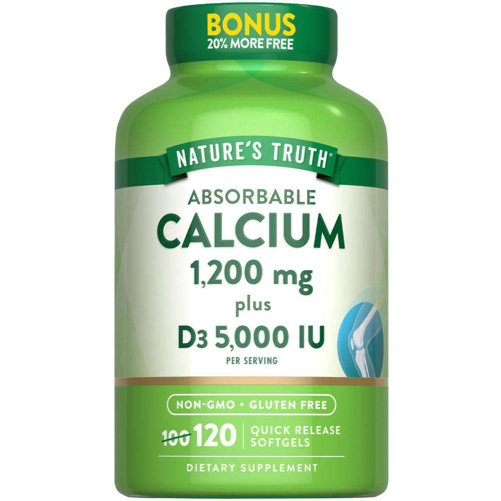 Nature's Truth Absorbable Calcium 1200 mg bottle with Vitamin D3 5000 IU label