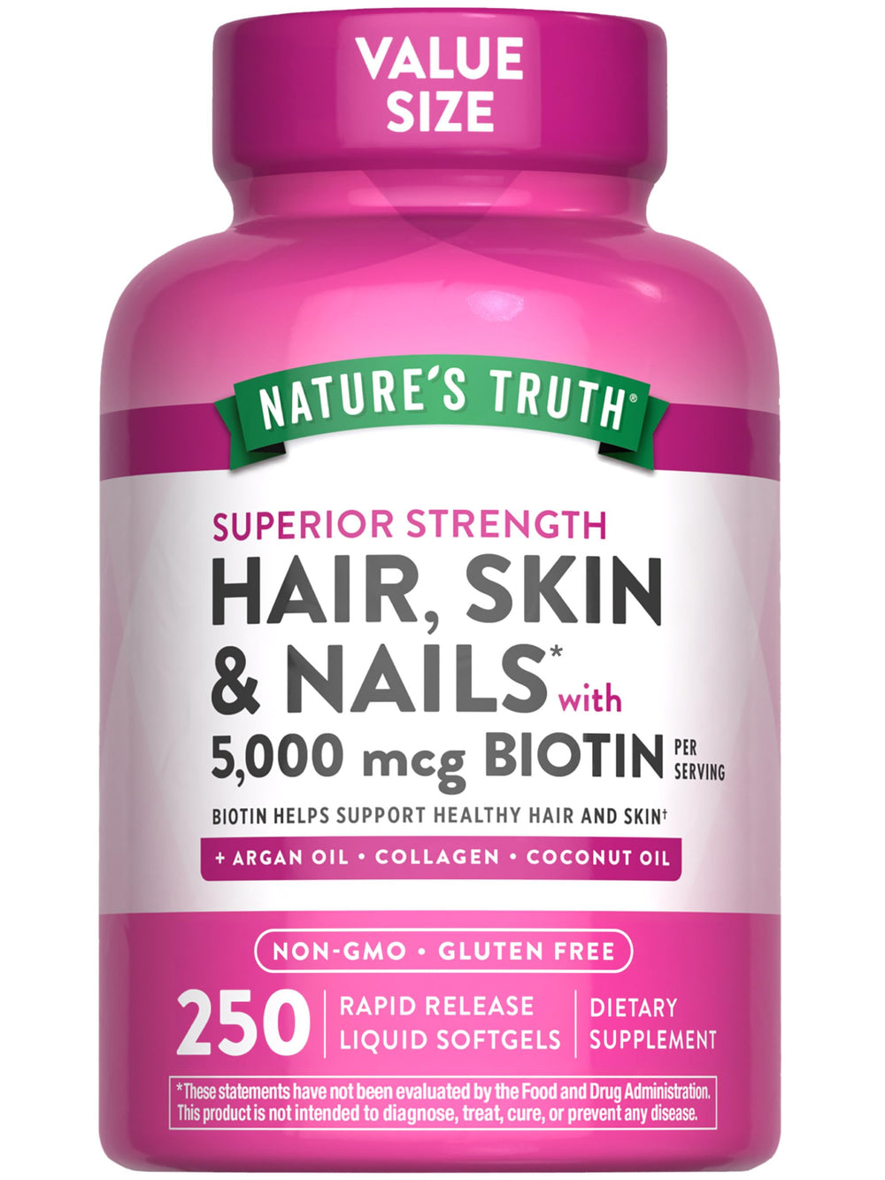 Bottle of Nature's Truth Hair, Skin & Nails Softgels with 5000 mcg Biotin, 250-count